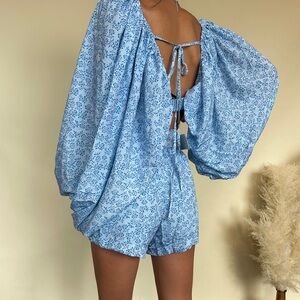 Light Blue Floral Tie-Back Romper Top & Shorts